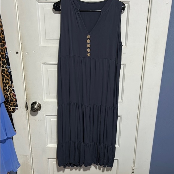 Sleeveless Navy Dress with Button Detail - Picture 1 of 4